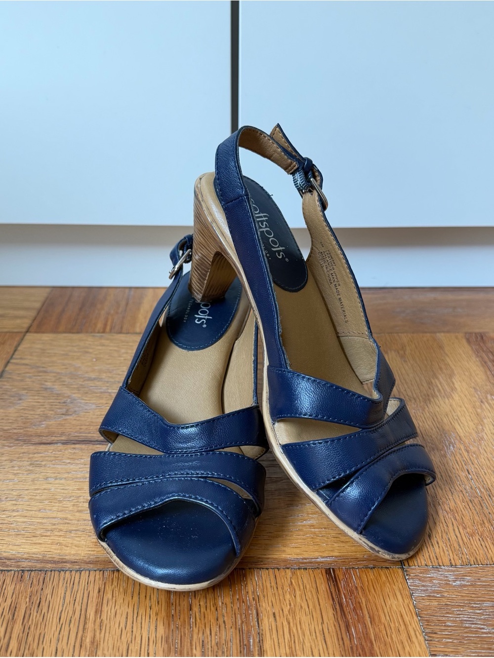 Comfortiva Navy Leather Open-Toe Slingback Heels